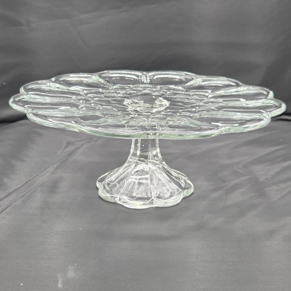 LE Smith Dominion Pedestal Cake Stand Pressed Glass VINTAGE 1960s